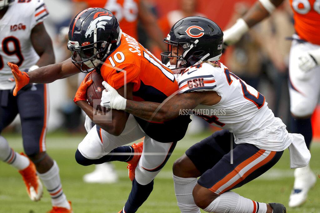 David Zalubowski Denver Broncos wide receiver Emmanuel Sanders (10) is tackled by Chicago Bears cornerback Buster Skrine during the first half of an NFL football game, Sunday, Sept. 15, 2019, in Denver. (AP Photo/David Zalubowski)
