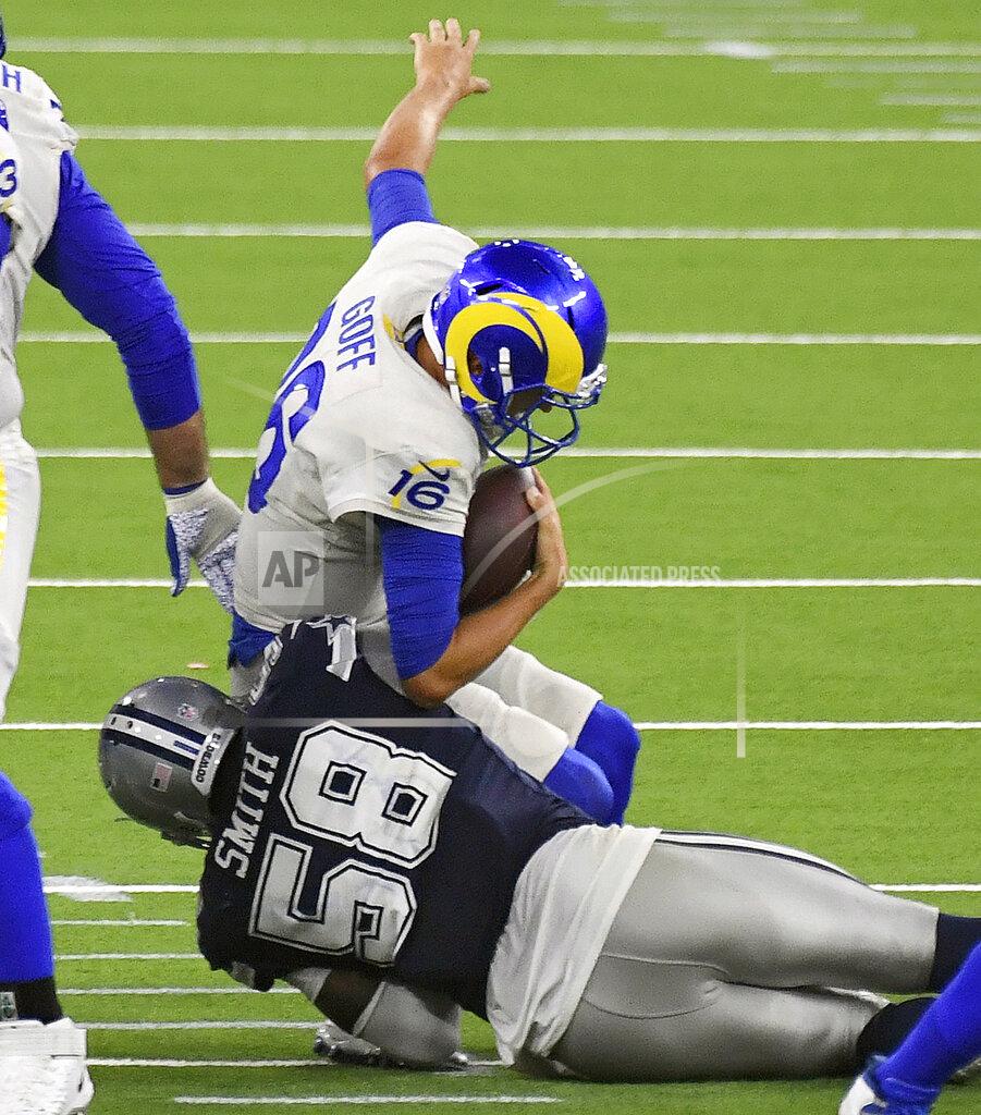 Keith Birmingham Dallas Cowboys defensive end Aldon Smith (58) sacks Los Angeles Rams quarterback Jared Goff (16) in the fourth quarter of an NFL football game, Sunday, Sept. 13, 2020, in Inglewood, Calif. (Keith Birmingham/The Orange County Register via AP)