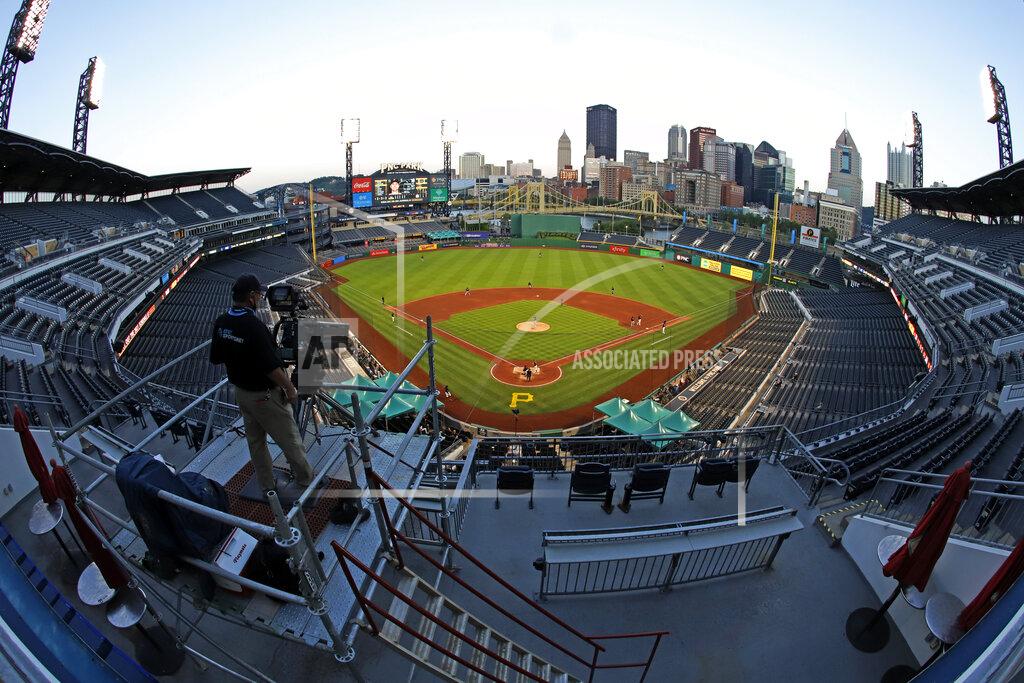The Cleveland Indians and the Pittsburgh Pirates play an exhibition baseball game at PNC Park in Pittsburgh, Saturday, July 18, 2020. (AP Photo/Gene J. Puskar)