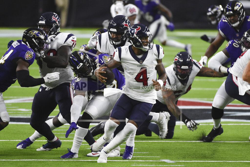 Eric Christian Smith Houston Texans quarterback Deshaun Watson (4) scrambles during the first half of an NFL football game against the Baltimore Ravens Sunday, Sept. 20, 2020, in Houston. (AP Photo/Eric Christian Smith)