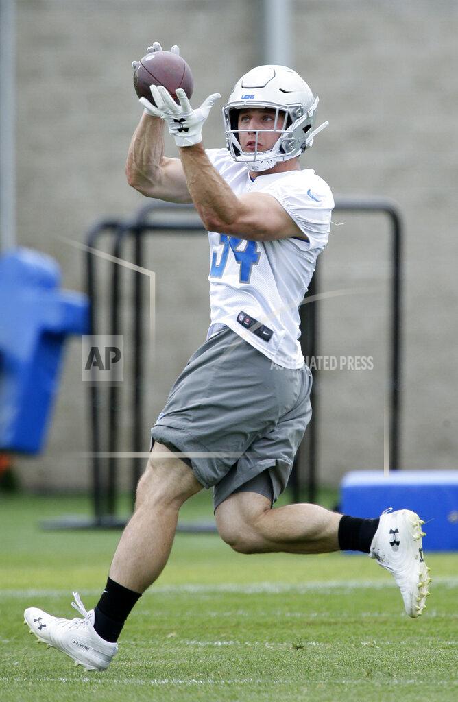 Duane Burleson Detroit Lions running back Zach Zenner (34) hauls in a pass during NFL football training camp Wednesday, June 5, 2019, in Allen Park, Mich. (AP Photo/Duane Burleson)