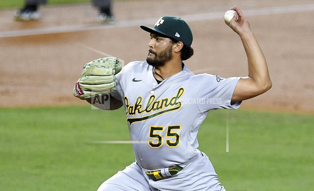 Keith Birmingham Sean Manaea #55 of the Oakland Athletics throws to the plate against the Los Angeles Dodgers in the first inning of a MLB baseball game at Dodger Stadium in Los Angeles on Wednesday, September 23, 2020. (Keith Birmingham/The Orange County Register via AP)