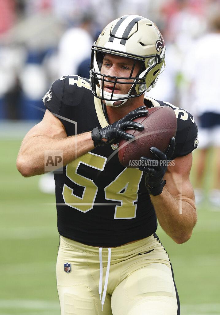 John Cordes FILE - This Sept. 15, 2019, file photo shows New Orleans Saints linebacker Kiko Alonso (54) on the field during warm-ups before an NFL football game against the Los Angeles Rams, in Los Angeles. The Saints and 49ers have agreed to a trade sending linebacker Kwon Alexander to New Orleans in exchange for linebacker Kiko Alonso and a conditional fifth-round draft choice. Saints coach Sean Payton, who confirmed the trade on Monday, Nov. 2, 2020, said the draft pick is conditional because it is tied to playing time. (AP Photo/John Cordes, File)