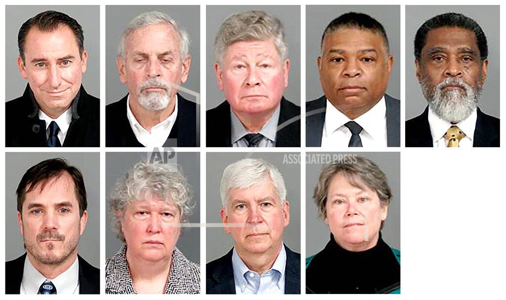 Uncredited This combo of images provided by the Genesee County, Mich., Sheriff's Office, shows the nine former state-appointed and local officials charged, Thursday, Jan. 14, 2021, in connection with the Flint, Mich., water crisis. Top row from left: Jarrod Agen, former chief of staff to Gov. Snyder; Gerald Ambrose, former state-appointed emergency manager; Richard Baird, former Michigan Transformation manager; Howard Croft, former Flint Director of Public Works; Darnell Earley, former state-appointed emergency manager. Bottom row from left: Nicolas Lyon, former Health and Human Services Director; Nancy Peeler, former early childhood health section manager in the Michigan Department of Health and Human Services; former Michigan Gov. Rick Snyder; and Eden Wells, former Michigan Chief Medical Officer. (Genesee County Sheriff's Office via AP)