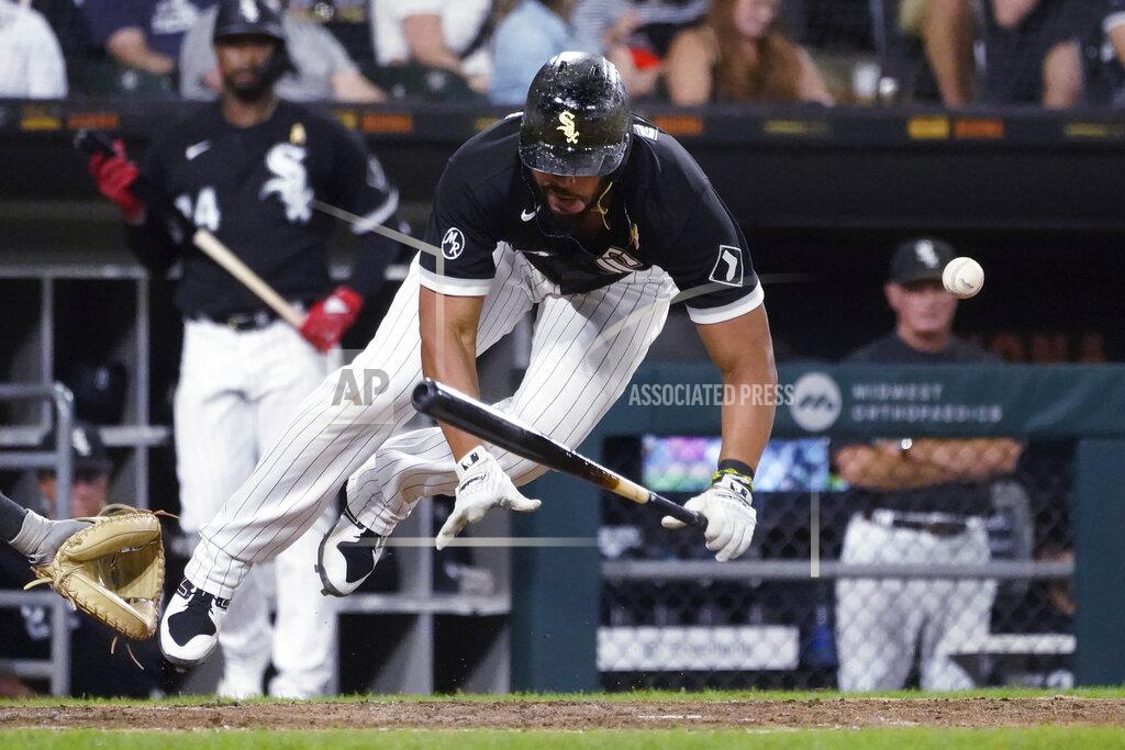 Charles Rex Arbogast Chicago White Sox's Jose Abreu is hit by a pitch from Pittsburgh Pirates' Anthony Banda during the sixth inning of a baseball game Wednesday, Sept. 1, 2021, in Chicago. (AP Photo/Charles Rex Arbogast)