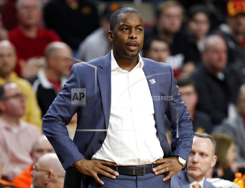 Charlie Neibergall FILE - In this Jan. 21, 2020, file photo, Oklahoma State head coach Mike Boynton watches from the bench during the first half of an NCAA college basketball game against Iowa State in Ames, Iowa. Oklahoma State will learn much about where its men’s basketball program stands now that Cade Cunningham is in Detroit after being the top pick in the 2021 NBA draft. Coach Boynton has reason to believe the Cowboys will remain competitive. (AP Photo/Charlie Neibergall, File)