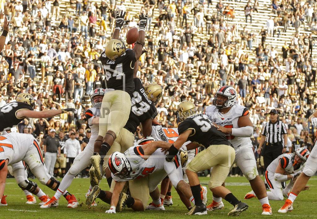 Jack Dempsey Colorado defensive end Terrance Lang (54) blocks an extra point attempt by Oregon State during the second half of an NCAA football game, Saturday, Oct. 27, 2018, in Boulder, Colo. Oregon State won, 41-34. (AP Photo/Jack Dempsey)