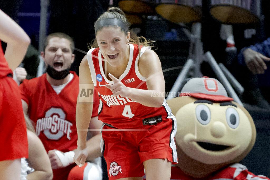 Matthew Hinton Ohio State guard Jacy Sheldon (4) celebrates a score during the second half of a women's college basketball game against LSU in the second round of the NCAA tournament, Monday, March 21, 2022, in Baton Rouge, La. (AP Photo/Matthew Hinton)