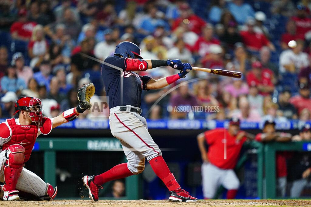 Matt Slocum Washington Nationals' Luis Garcia hits a two-run double against Philadelphia Phillies pitcher Aaron Nola during the seventh inning of a baseball game, Wednesday, July 6, 2022, in Philadelphia. (AP Photo/Matt Slocum)