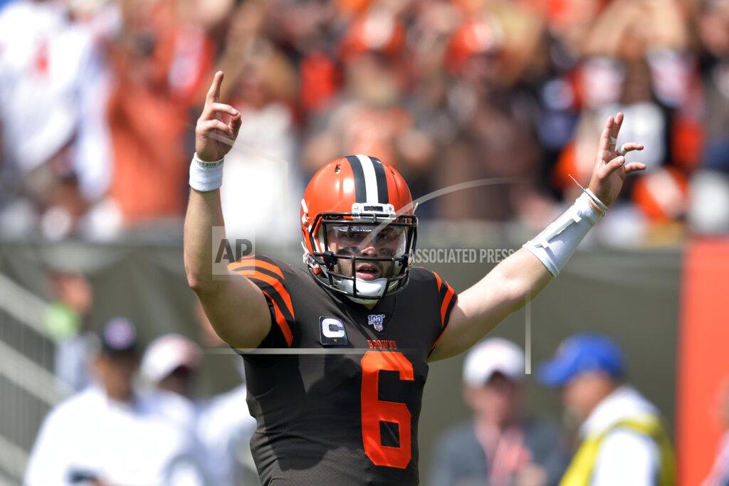 David Richard Cleveland Browns quarterback Baker Mayfield celebrates after a 4-yard touchdown pass to Dontrell Hilliard during the first half in an NFL football game against the Tennessee Titans, Sunday, Sept. 8, 2019, in Cleveland. (AP Photo/David Richard)
