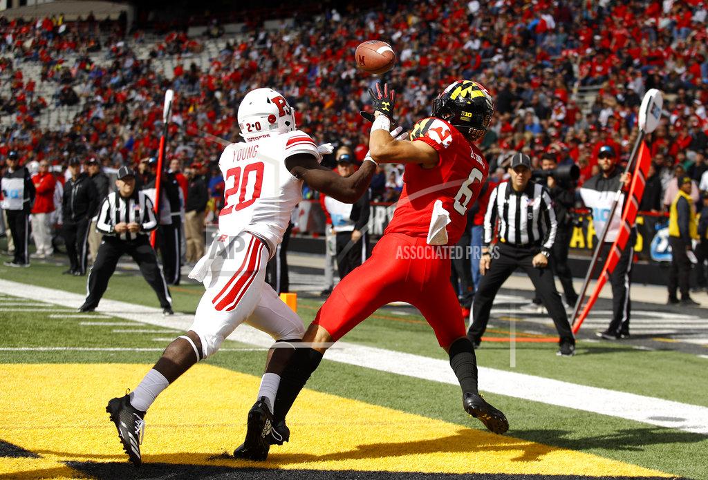 Patrick Semansky Maryland wide receiver Jeshaun Jones, right, catches a pass for a touchdown in front of Rutgers defensive back Avery Young in the second half of an NCAA college football game, Saturday, Oct. 13, 2018, in College Park, Md. Maryland won 34-7. (AP Photo/Patrick Semansky)