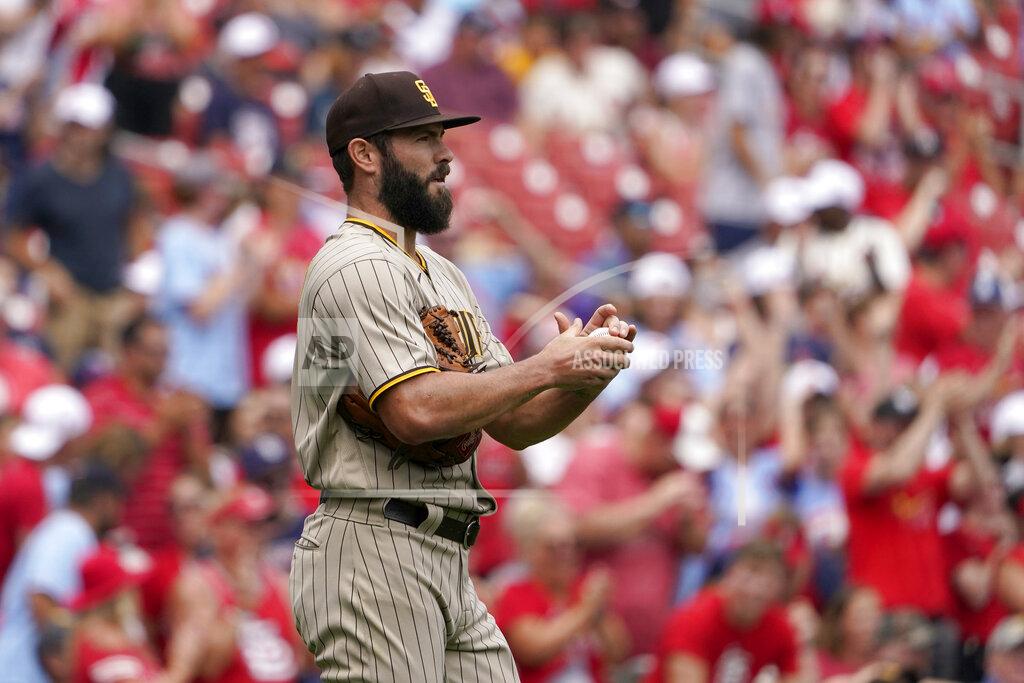 Jeff Roberson San Diego Padres starting pitcher Jake Arrieta pauses on the mound during the first inning of a baseball game against the St. Louis Cardinals Sunday, Sept. 19, 2021, in St. Louis. (AP Photo/Jeff Roberson)