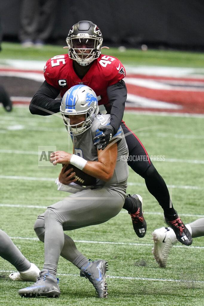 Brynn Anderson Atlanta Falcons linebacker Deion Jones (45) sacks Detroit Lions quarterback Matthew Stafford (9) during the second half of an NFL football game, Sunday, Oct. 25, 2020, in Atlanta. (AP Photo/Brynn Anderson)