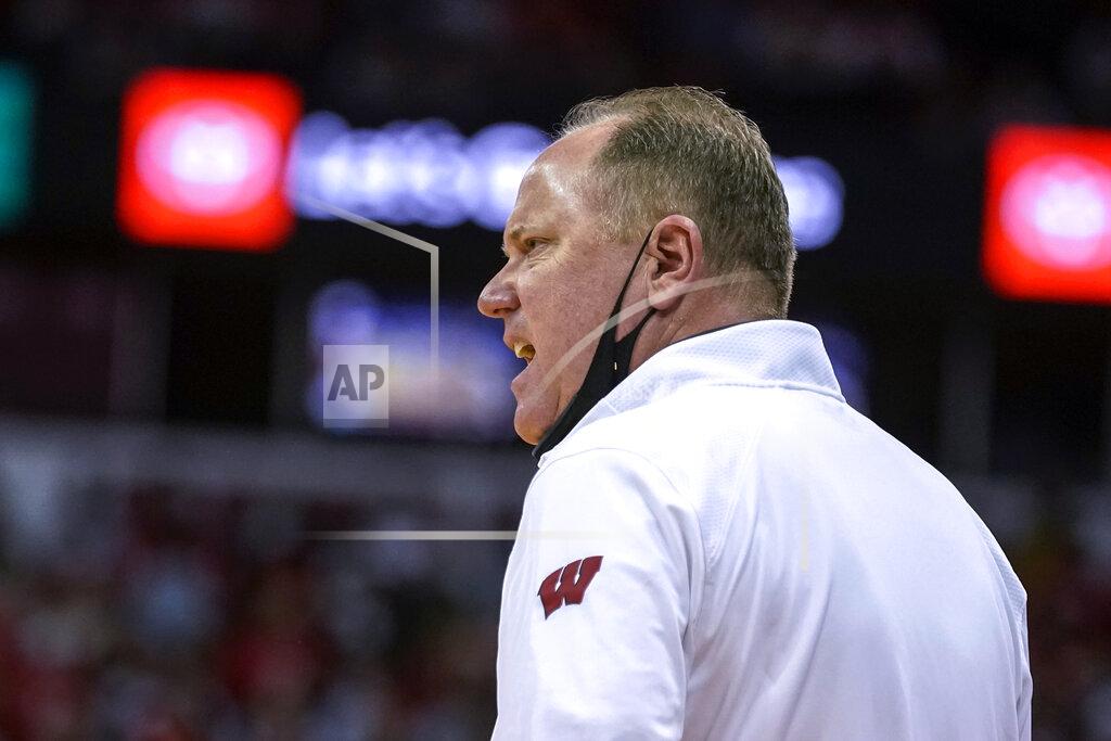 Andy Manis Wisconsin coach Greg Gard disputes a call during the first half of the team's NCAA college basketball game against Wisconsin-Green Bay on Friday, Nov. 12, 2021, in Madison, Wis. (AP Photo/Andy Manis)