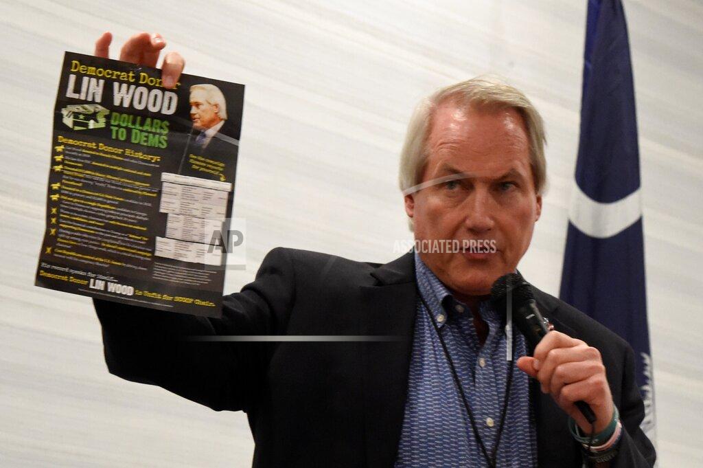 Meg Kinnard Pro-Trump attorney Lin Wood, a candidate for chairman of the South Carolina Republican Party, holds up a flyer funded by his opponent, current Chairman Drew McKissick, as he speaks to attendees of the Richland County GOP convention on Friday, April 30, 2021, in Columbia, S.C. (AP Photo/Meg Kinnard)