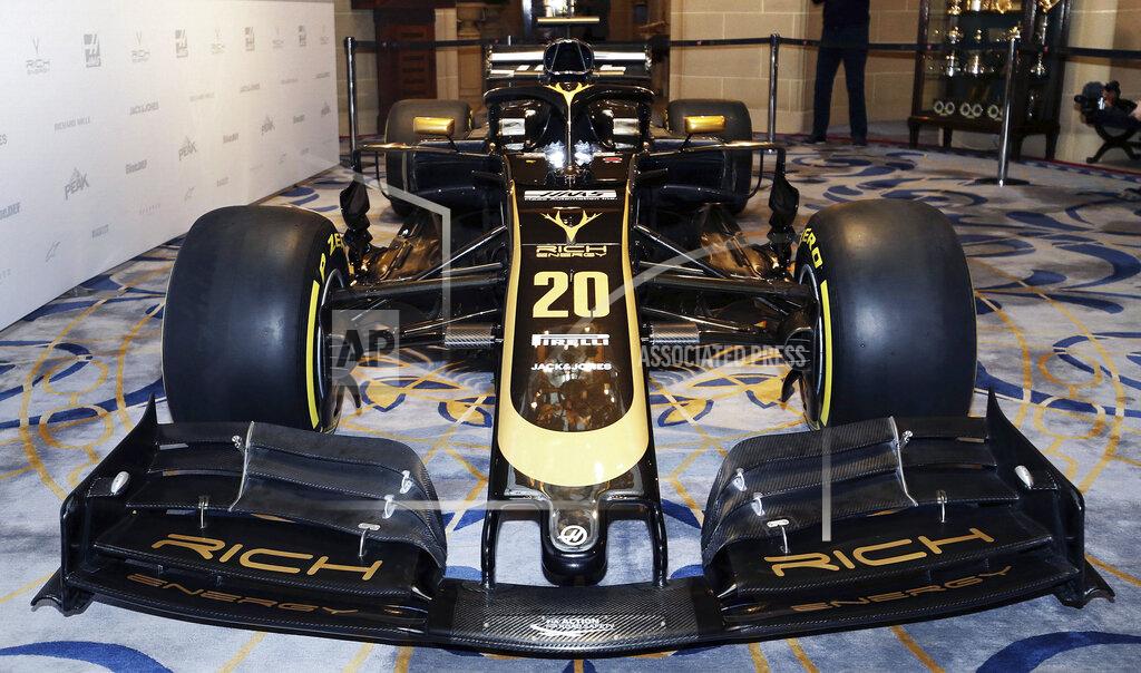 Steven Paston A general view of the new livery during the Rich Energy Haas F1 Team 2019 car launch at the Royal Automobile Club, in London, Thursday, Feb. 7, 2019. (Steven Paston/PA via AP)