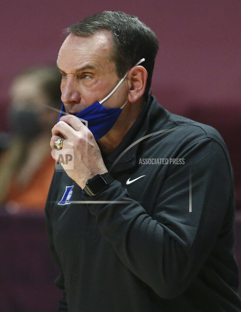 Matt Gentry Duke coach Mike Krzyzewski watches during the second half of the team's NCAA college basketball game against Virginia Tech on Tuesday, Jan. 12, 2021, in Blacksburg, Va. (Matt Gentry/The Roanoke Times via AP, Pool)
