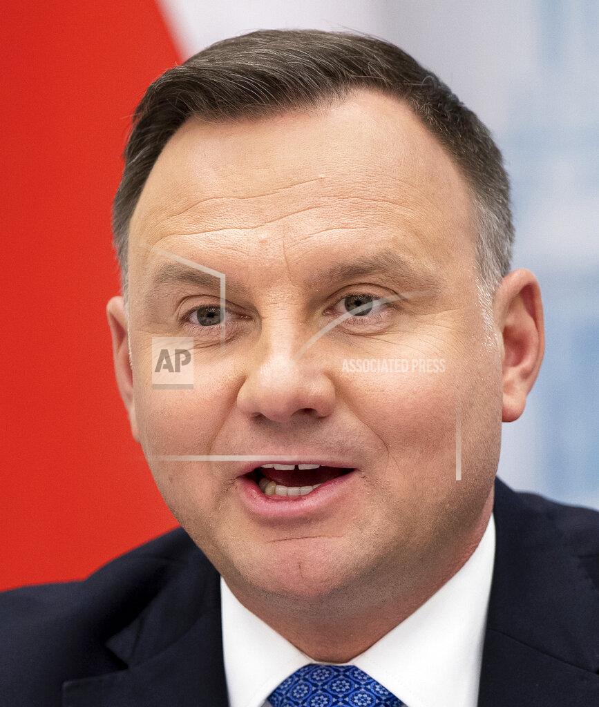 Mindaugas Kulbis File-File picture taken Nov.21, 2019 shows Poland's President Andrzej Duda speaking during a news conference at the Presidential Palace in Vilnius, Lithuania. (AP Photo/Mindaugas Kulbis, file)