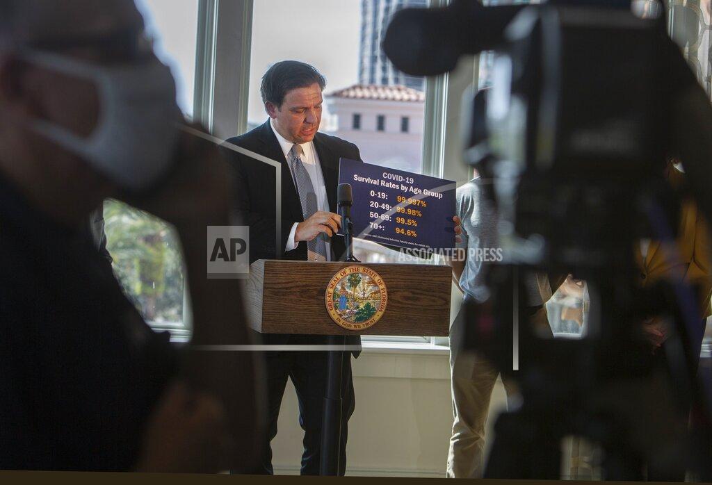 Gov. Ron DeSantis shows a card stating COVID-19 survival rates by age group as he announces phase three openings at news conference in St. Petersburg, Fla., on Friday, Sept. 25, 2020. DeSantis lifted all restrictions on restaurants and other businesses in Florida on Friday in a move to reopen the state’s economy despite the spread of the coronavirus. (John Pendygraft/Tampa Bay Times via AP)