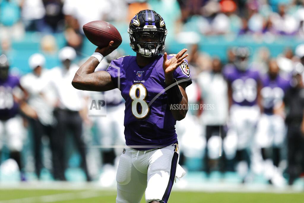 Brynn Anderson Baltimore Ravens quarterback Lamar Jackson (8) looks to pass, during the first half at an NFL football game against the Miami Dolphins, Sunday, Sept. 8, 2019, in Miami Gardens, Fla. (AP Photo/Brynn Anderson)