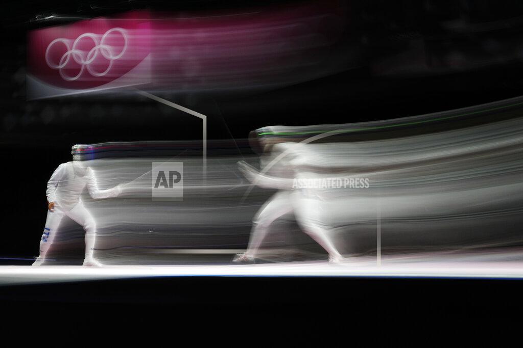 Hassan Ammar Anita Blaze of France, right, and Arianna Errigo of Italy compete in the women's individual Foil semifinal competition at the 2020 Summer Olympics, Thursday, July 29, 2021, in Chiba, Japan. (AP Photo/Hassan Ammar)