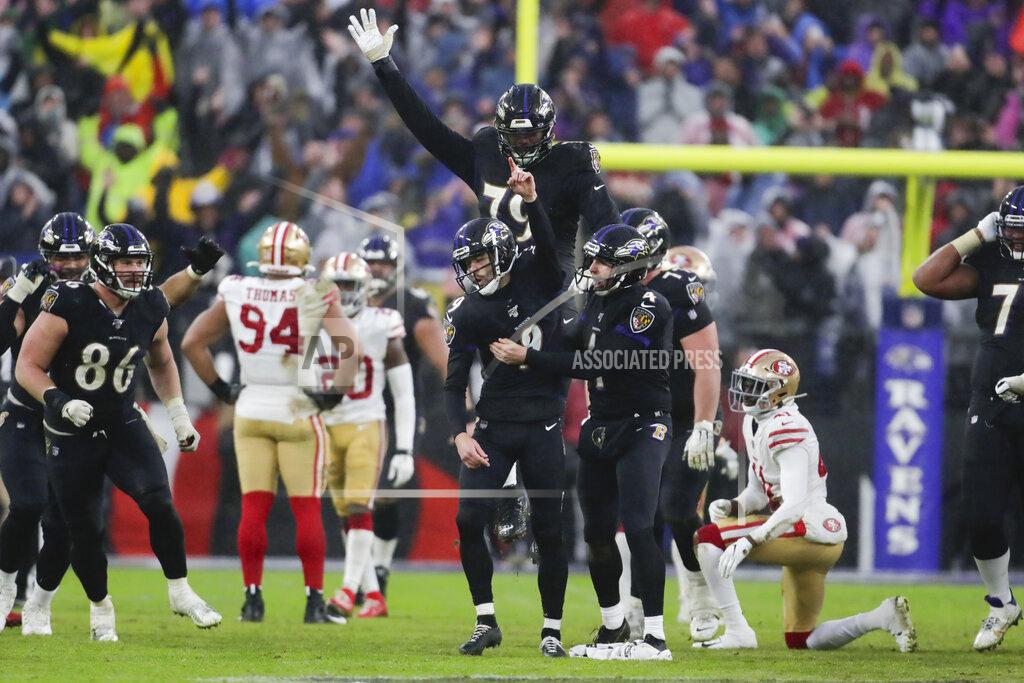 Julio Cortez Baltimore Ravens kicker Justin Tucker (9) celebrates his game winning field goal against the San Francisco 49ers at the end of an NFL football game, Sunday, Dec. 1, 2019, in Baltimore, Md. Ravens won 20-17. (AP Photo/Julio Cortez)