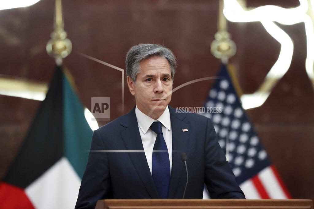 Jonathan Ernst U.S. Secretary of State Antony Blinken participates in a news conference with Kuwaiti Foreign Minister Sheikh Ahmad Nasser Al-Mohammad Al-Sabah at the Ministry of Foreign Affairs in Kuwait City, Kuwait, Thursday, July 29, 2021. (Jonathan Ernst/Pool via AP)