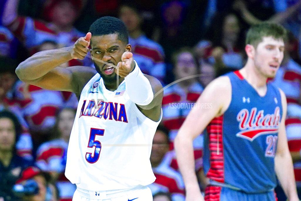 Rick Scuteri Arizona guard Max Hazzard (5) reacts after making a three-point basket against Utah during the second half of an NCAA college basketball game Thursday, Jan. 16, 2020, in Tucson, Ariz. Arizona won 93-77. (AP Photo/Rick Scuteri)