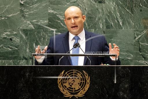 Israel's prime minister Naftali Bennett addresses the 76th Session of the United Nations General Assembly, Monday, Sept. 27, 2021, at U.N. headquarters. (AP Photo/John Minchillo, Pool)