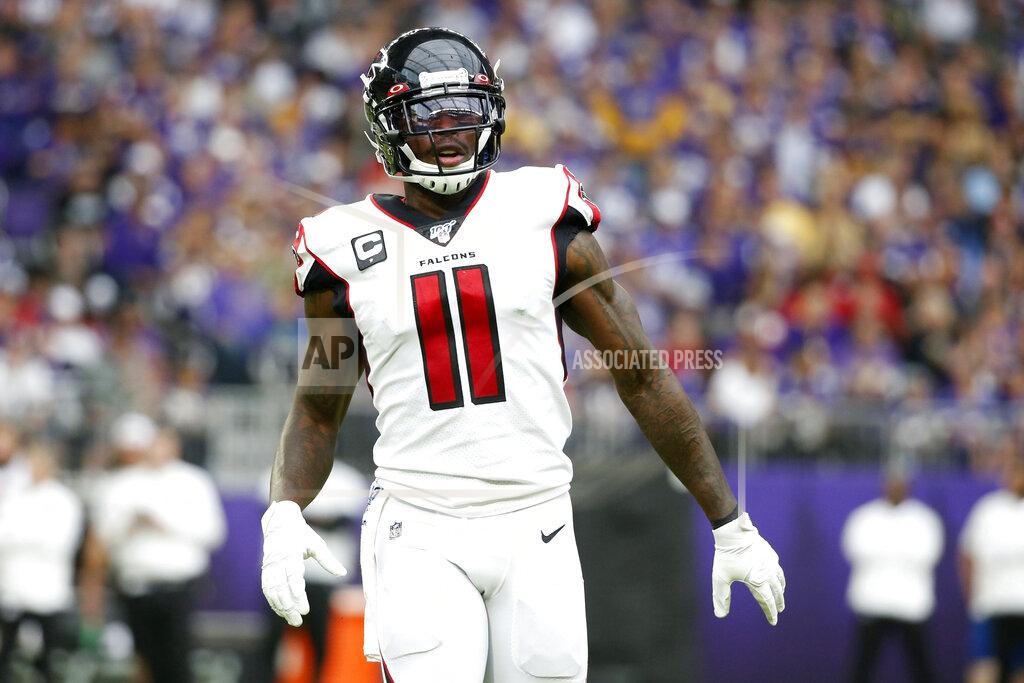 Bruce Kluckhohn Atlanta Falcons wide receiver Julio Jones gets set for a play during the first half of an NFL football game against the Minnesota Vikings, Sunday, Sept. 8, 2019, in Minneapolis. (AP Photo/Bruce Kluckhohn)