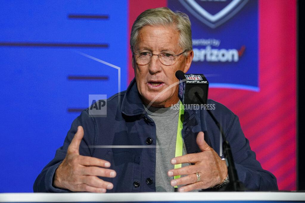 Michael Conroy Seattle Seahawks head coach Pete Carroll speaks during a press conference at the NFL football scouting combine in Indianapolis, Wednesday, March 2, 2022. (AP Photo/Michael Conroy)