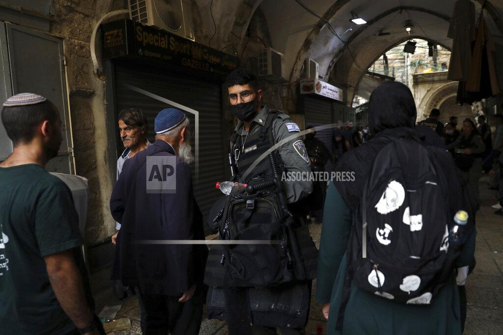 Mahmoud Illean An Israeli border police officer works in the Old City of Jerusalem, Friday, Sept. 10, 2021. Amid increased Israeli-Palestinian tension over a recent prison break, Israeli police said an officer was lightly injured by a firearm in an attempt to thwart a suspected stabbing attack in the area. The Police, which arrested the suspect, did not immediately say how the officer was injured. (AP Photo/Mahmoud Illean)