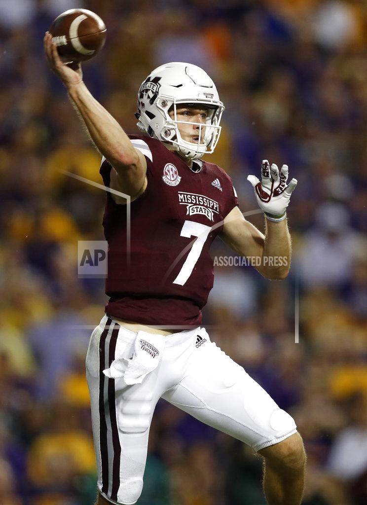 Tyler Kaufman Mississippi State quarterback Nick Fitzgerald (7) throws the ball during an NCAA college football game against LSU in Baton Rouge, La., Saturday, Oct. 20, 2018. (AP Photo/Tyler Kaufman)