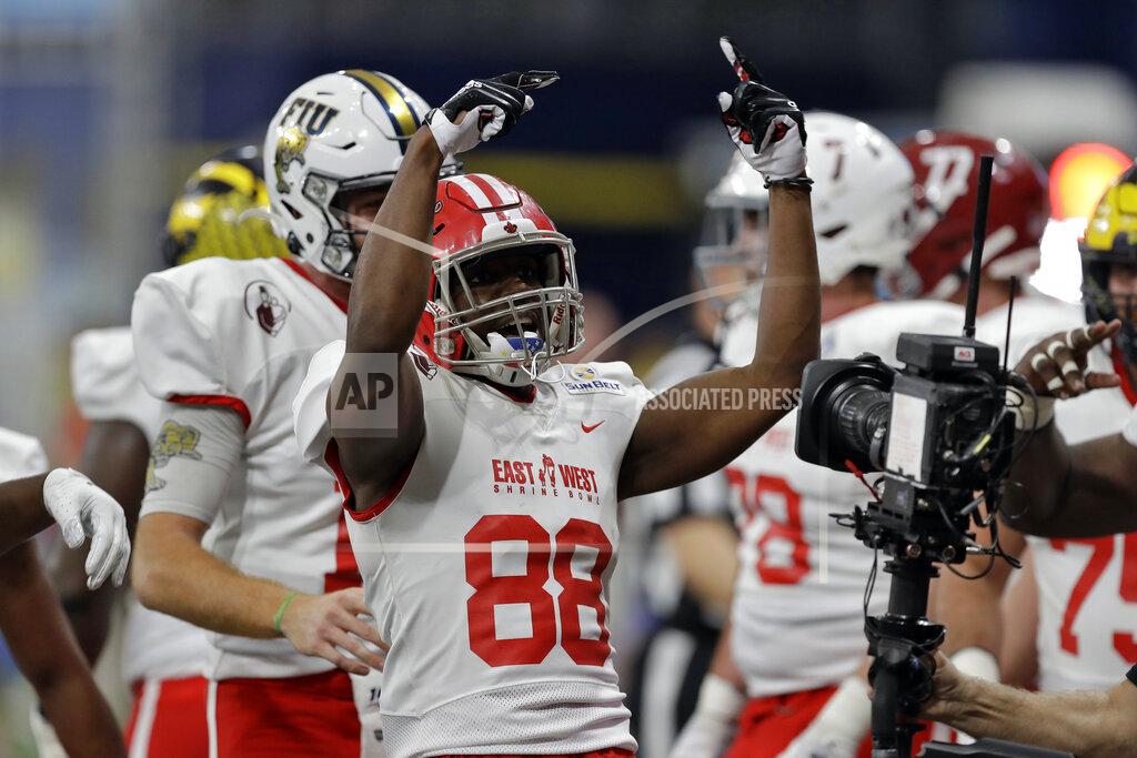 Chris O'meara East wide receiver Ja'Marcus Bradley, of Louisiana, (88) celebrates his touchdown against the West during the first half of the East West Shrine football game Saturday, Jan. 18, 2020, in St. Petersburg, Fla. (AP Photo/Chris O'Meara)