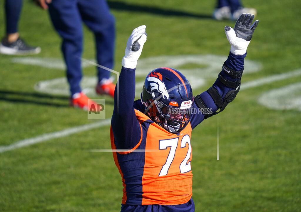 David Zalubowski Denver Broncos offensive tackle Garett Bolles takes part in drills during an NFL football practice at the team's heasdquarters Wednesday, Nov. 25, 2020, in Englewood, Colo. (AP Photo/David Zalubowski)