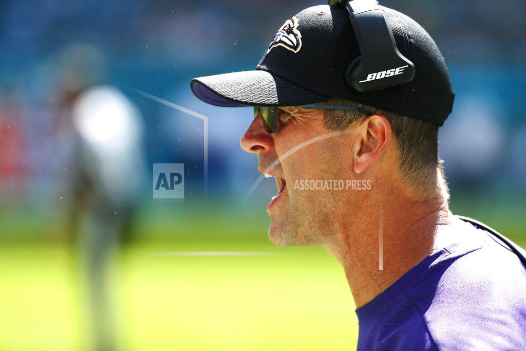 Wilfredo Lee Baltimore Ravens head coach John Harbaugh yells from the sidelines, during the second half at an NFL football game against the Miami Dolphins, Sunday, Sept. 8, 2019, in Miami Gardens, Fla. (AP Photo/Wilfredo Lee)