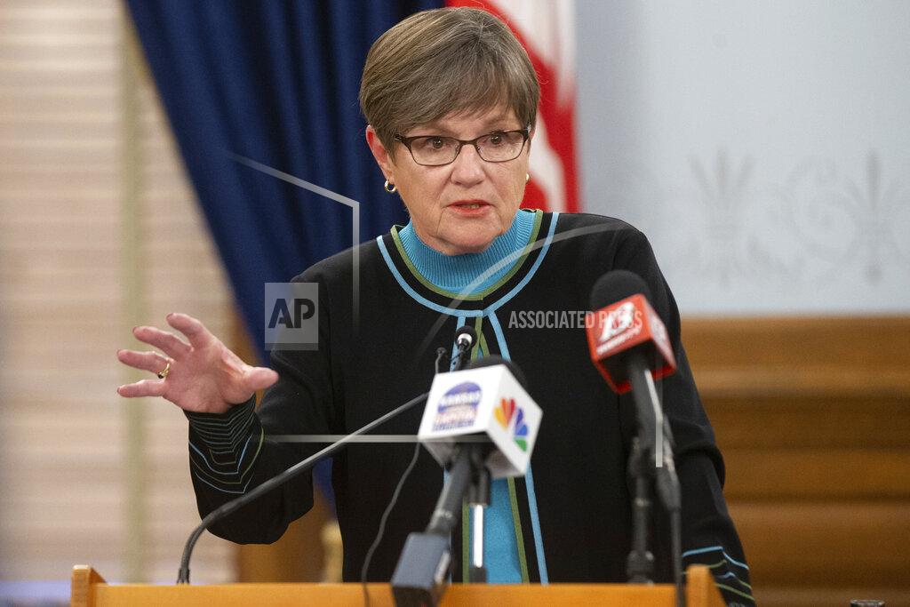 Kansas Gov. Laura Kelly gave updates related to COVID-19 in the state of Kansas during a news conference Monday, Oct. 5, 2020, at the Statehouse in Topeka, Kan. Kelly said over 870,000 rapid tests will be sent to the state with 57,000 already here. (Evert Nelson/The Topeka Capital-Journal via AP)