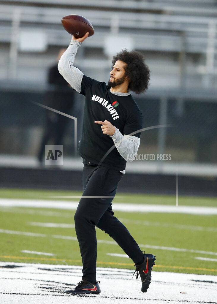 Todd Kirkland Free agent quarterback Colin Kaepernick participates in a workout for NFL football scouts and media, Saturday, Nov. 16, 2019, in Riverdale, Ga. (AP Photo/Todd Kirkland)