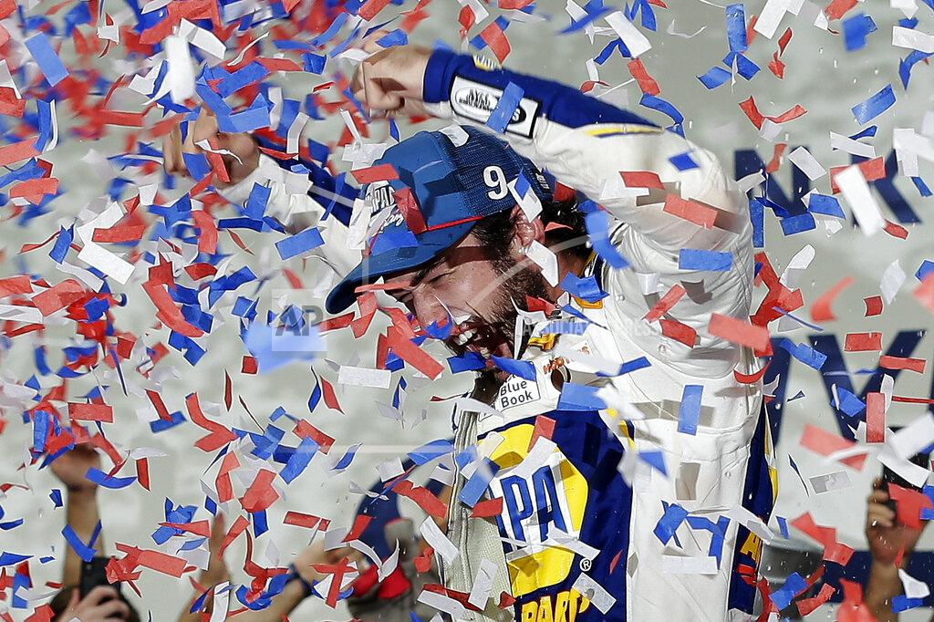 Gerry Broome Chase Elliott celebrates in victory lane after winning the NASCAR Cup Series auto race at Charlotte Motor Speedway in Concord, N.C., Sunday, Sept. 29, 2019. (AP Photo/Gerry Broome)