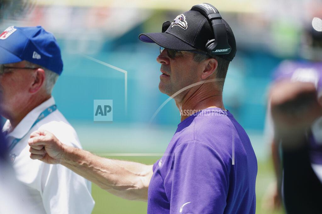 Wilfredo Lee Baltimore Ravens head coach John Harbaugh gestures after Baltimore Ravens wide receiver Marquise Brown scored a touchdown, during the first half at an NFL football game against the Miami Dolphins, Sunday, Sept. 8, 2019, in Miami Gardens, Fla. (AP Photo/Wilfredo Lee)