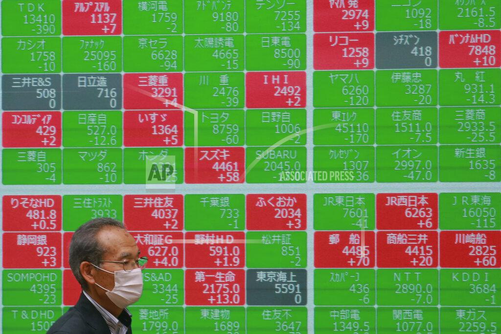 Koji Sasahara A man walks by an electronic stock board of a securities firm in Tokyo, Wednesday, May 19, 2021. Asian shares fell Wednesday, tracking a decline on Wall Street led by big technology stocks. (AP Photo/Koji Sasahara)