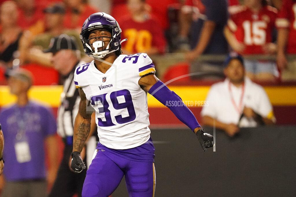 Charlie Riedel Minnesota Vikings cornerback Parry Nickerson celebrates after running an interception back for a touchdown during the second half of a preseason NFL football game against the Kansas City Chiefs Friday, Aug. 27, 2021, in Kansas City, Mo. (AP Photo/Charlie Riedel)