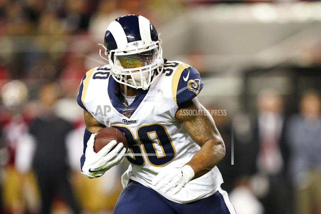 Tony Avelar Los Angeles Rams running back Todd Gurley II carries against the San Francisco 49ers during the first half of an NFL football game in Santa Clara, Calif., Saturday, Dec. 21, 2019. (AP Photo/Tony Avelar)