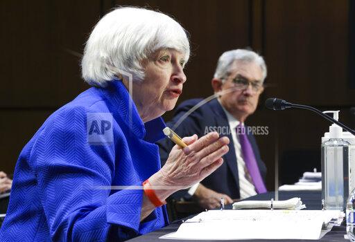 Treasury Secretary Janet Yellen, left, and Federal Reserve Chairman Jerome Powell, appear before a Senate Banking, Housing and Urban Affairs Committee hearing on the CARES Act on Capitol Hill, Tuesday, Sept. 28, 2021 in Washington. (Kevin Dietsch/Pool via AP)