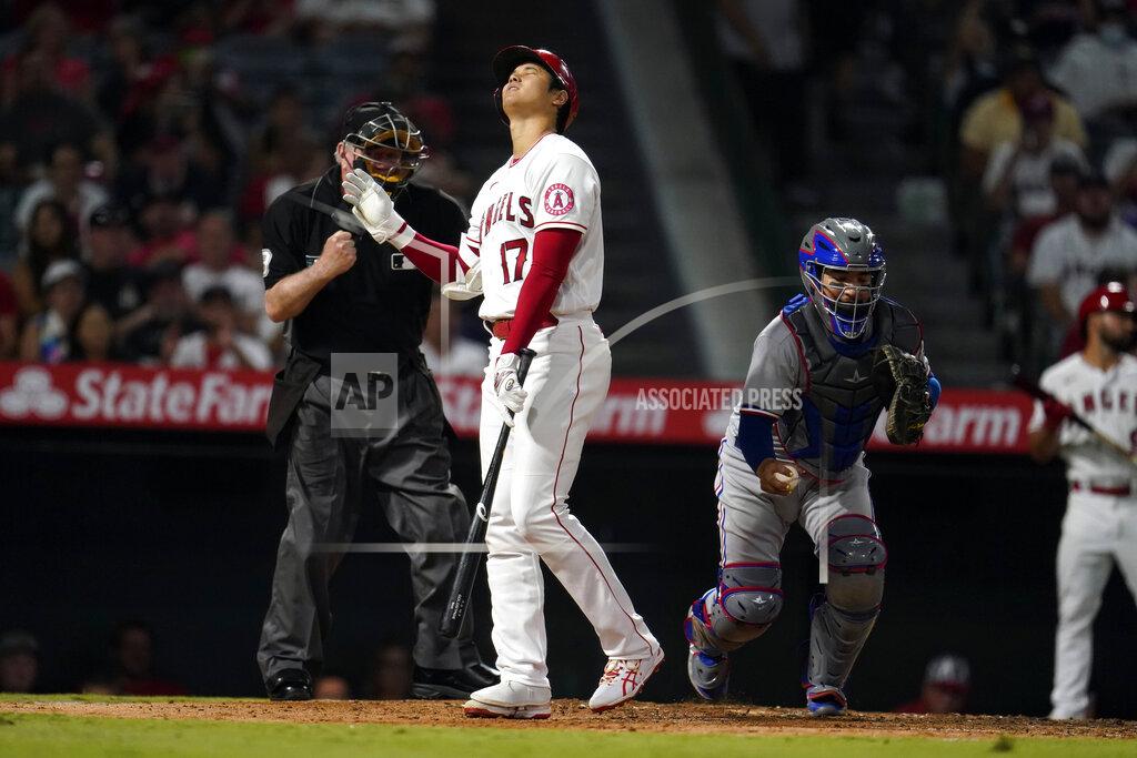 Marcio Jose Sanchez Los Angeles Angels' Shohei Ohtani reacts after being called out on strikes during the sixth inning of a baseball game against the Texas Rangers, Monday, Sept. 6, 2021, in Anaheim, Calif. (AP Photo/Marcio Jose Sanchez)