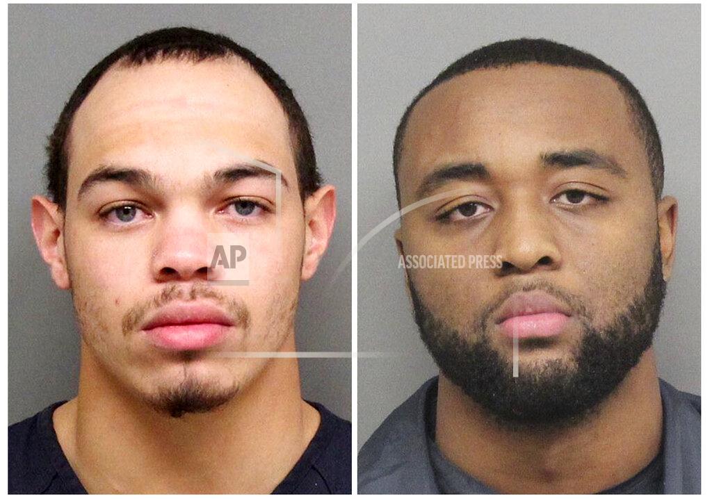 Uncredited These Tuesday Dec. 10, 2019 arrest photos released by the Lincoln, Neb., Police Dept, show Andre Hunt, left, and Katerian LeGrone. The two former Nebraska football players were arrested Tuesday, Dec. 10. 2019, after a reported off-campus sexual assault in Lincoln, Neb. LeGrone was arrested on suspicion of first-degree sexual assault, and Hunt was charged with aiding and abetting first-degree sexual assault. The charges stem from a reported assault on Aug. 25. (Lincoln Police Department via AP)