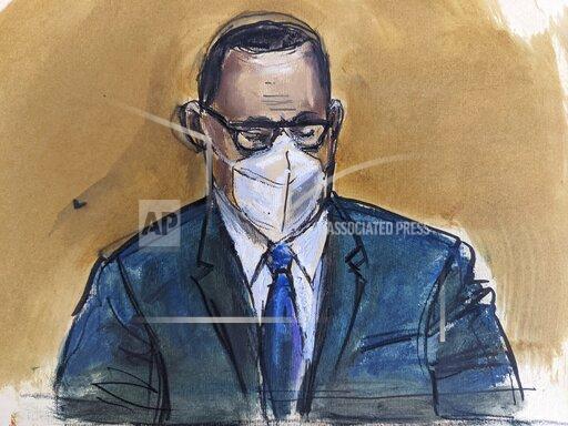 In this courtroom sketch, R. Kelly listens as the jury foreperson reads the verdict, Monday, Sept. 27, 2021, in New York. The R&B superstar known for his anthem "I Believe I Can Fly," was convicted in a sex trafficking trial after decades of avoiding criminal responsibility for numerous allegations of misconduct with young women and children. (AP Photo/Elizabeth Williams)