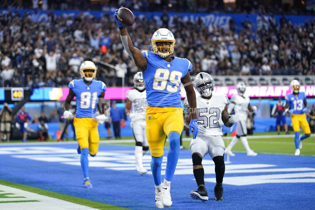 Marcio Jose Sanchez Los Angeles Chargers tight end Donald Parham (89) celebrates after scoring a touchdown during the first half of an NFL football game against the Las Vegas Raiders, Monday, Oct. 4, 2021, in Inglewood, Calif. (AP Photo/Marcio Jose Sanchez)