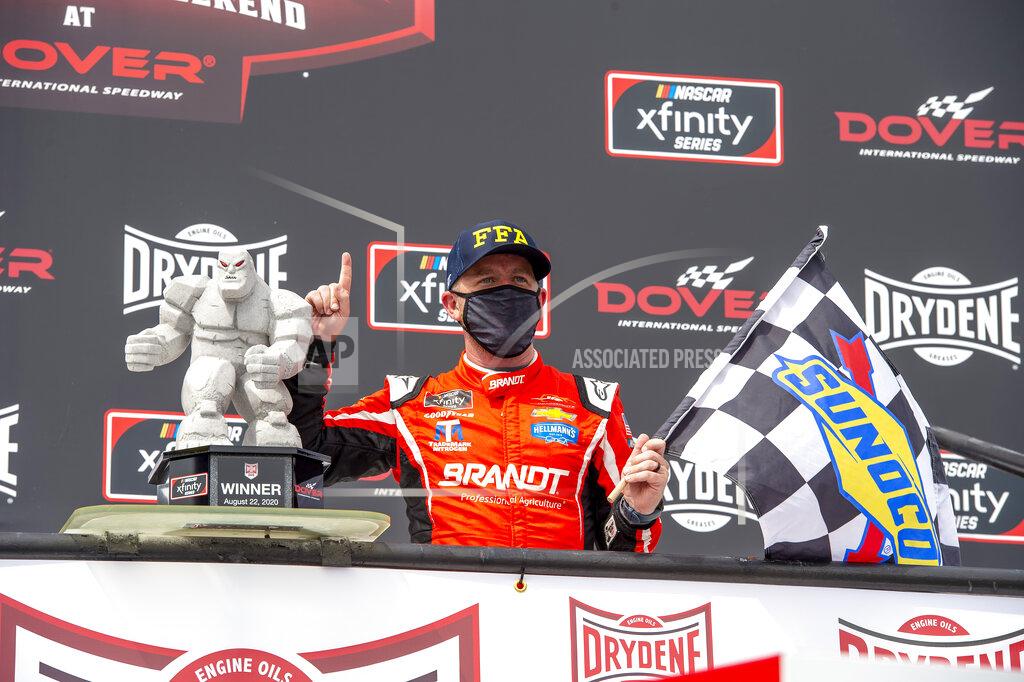 Jason Minto Justin Allgaier (7) wins the NASCAR Xfinity Series race at Dover International Speedway, Saturday, Aug. 22, 2020, in Dover, Del. (AP Photo/Jason Minto)