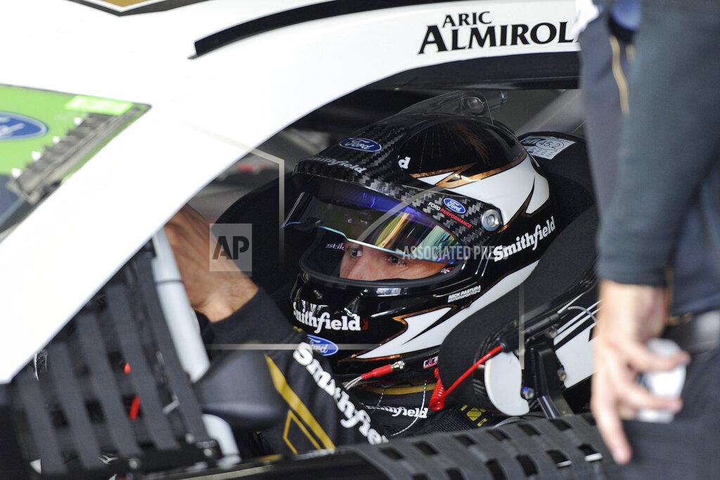 Mike Mccarn Aric Almirola is seen in his car during practice for Sunday's NASCAR Cup Series auto race at Charlotte Motor Speedway in Concord, N.C., Saturday, Sept. 28, 2019. (AP Photo/Mike McCarn)